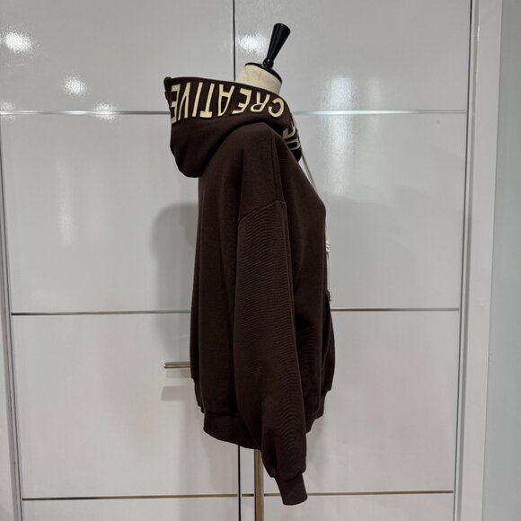 Women Loose Drop Shoulder Drawstring Hoodie Sweatshirt Brown, Size M/38 - Picture 5 of 17